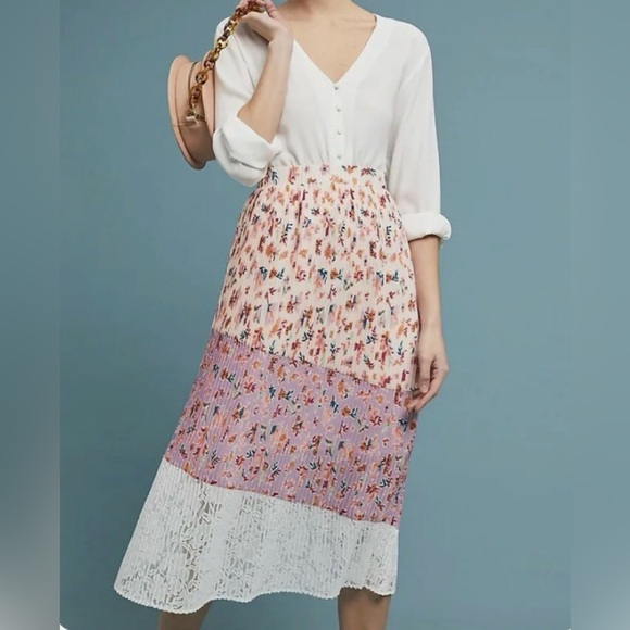 Anthropologie Laia Pleated Floral & Lace Midi Cottagecore Skirt - Picture 2 of 6